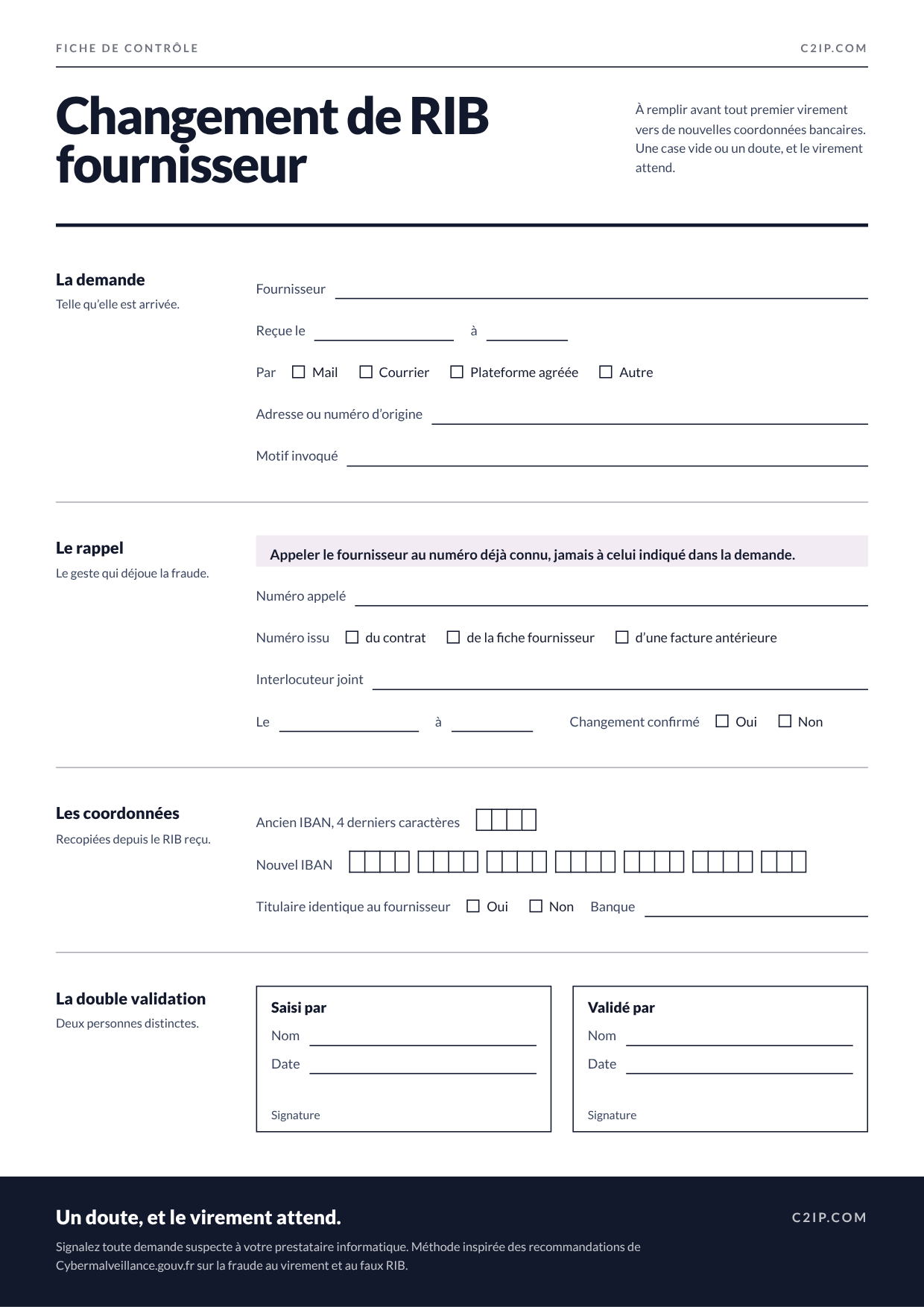 Fiche de contrôle d’un changement de RIB fournisseur à imprimer, avec rappel au numéro connu et double validation